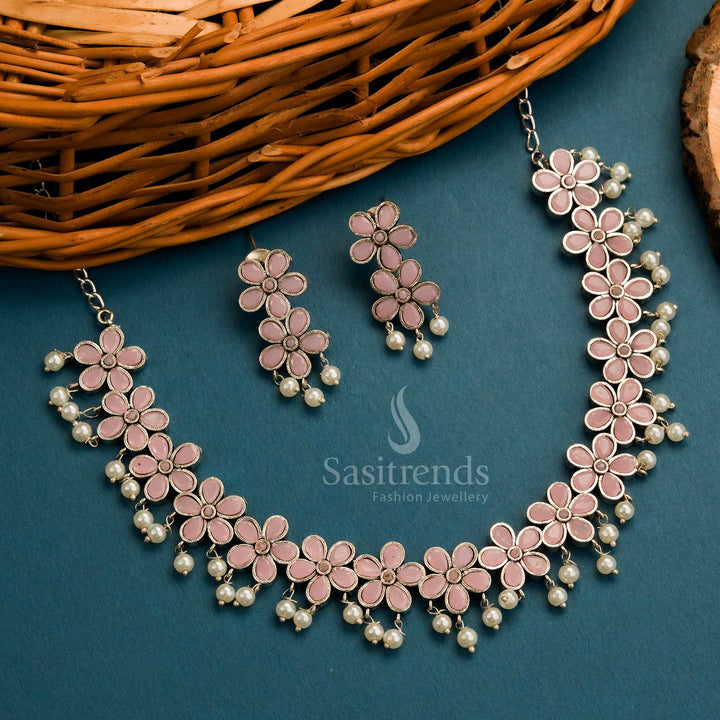 Soft pink oxidised necklace set with floral pearl details and earrings for ethnic grace – Sasitrends