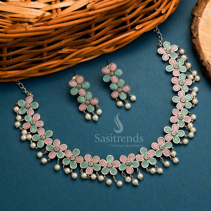 Dual tone pink mint oxidised necklace with floral patterns and matching earrings – Sasitrends