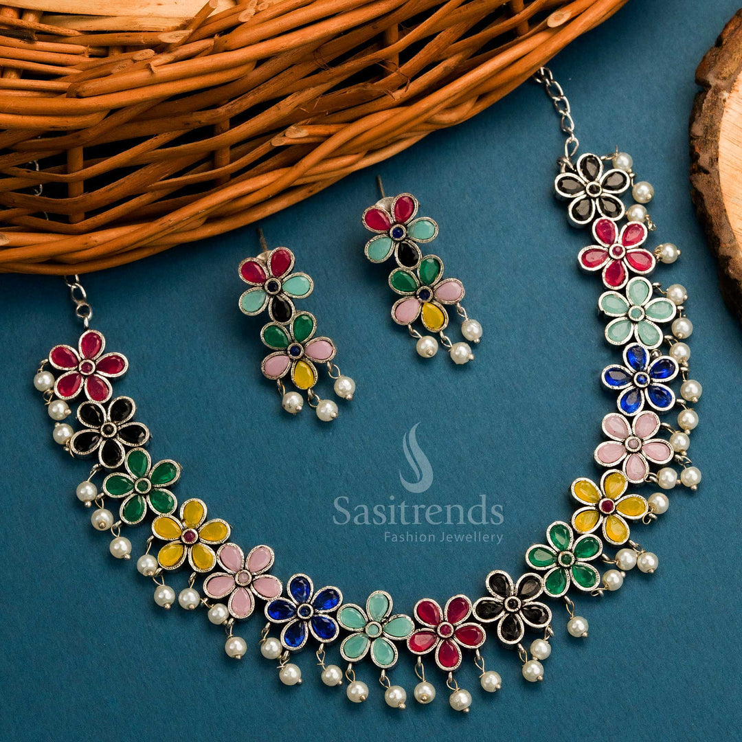 Vibrant multicolour oxidised necklace with floral stones and traditional earrings – Sasitrends