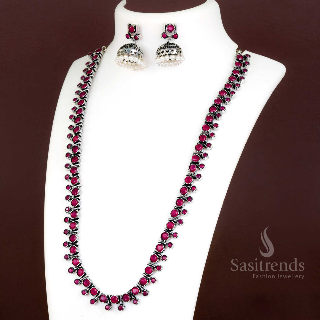 Ruby colour oxidised necklace with pearls and jhumka earrings – elegant ethnic jewellery – Sasitrends

