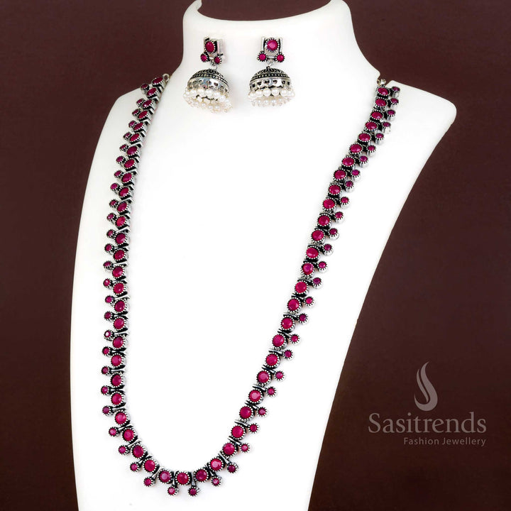 Trendy Oxidised Silver Stones Stud Necklace with Jhumkas and Pearls - Latest Jewellery Set