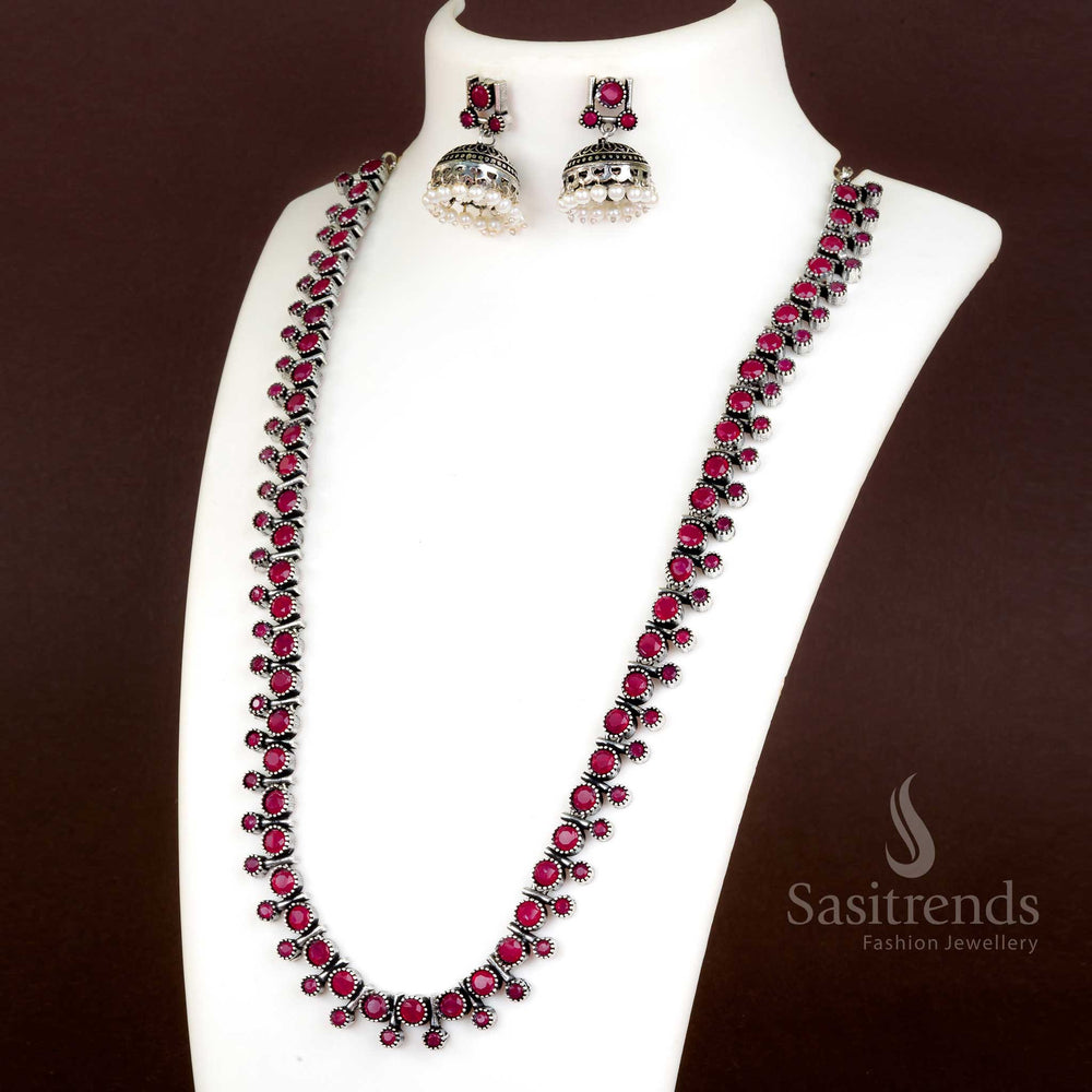 Ruby oxidised necklace jewellery set with stud-style stones, pearls, and ethnic jhumkas – Sasitrends