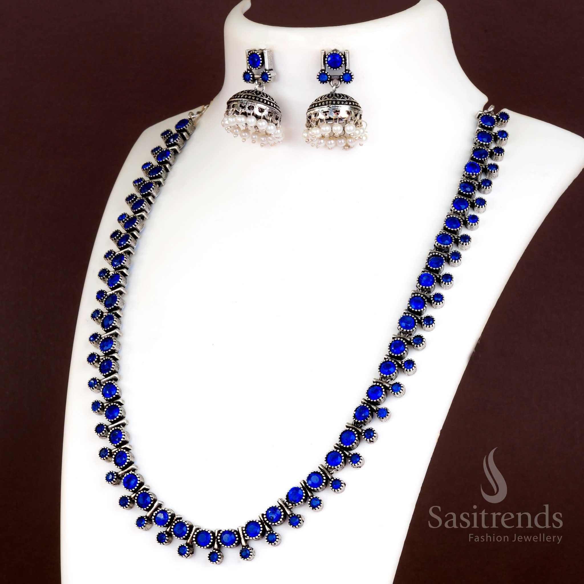 Blue oxidised necklace jewellery set with stone studs, pearl drops, and matching jhumkas – Sasitrends

