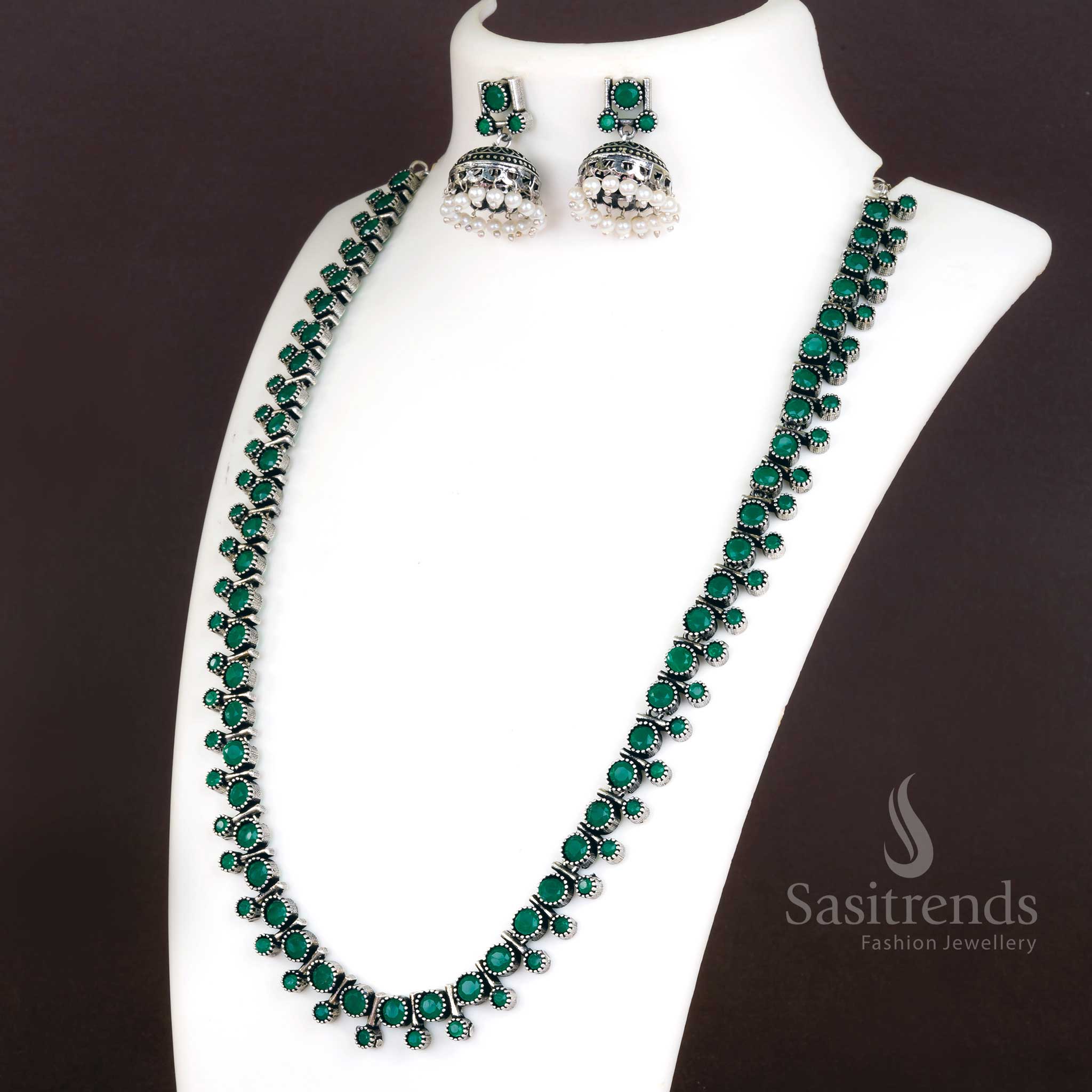 Green oxidised necklace jewellery set with pearls and stone-studded floral necklace and jhumkas – Sasitrends