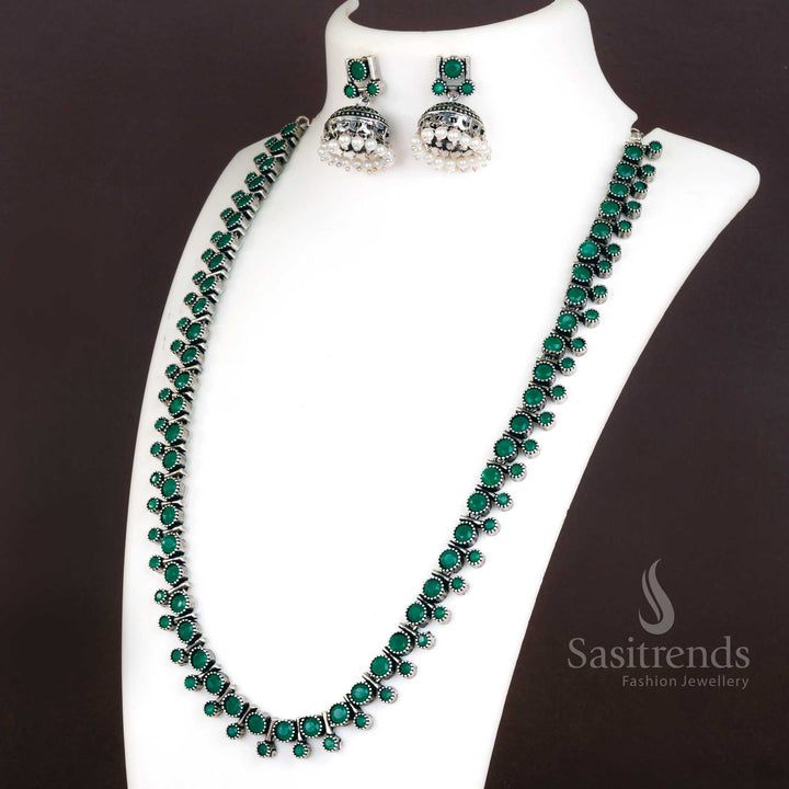 Green oxidised necklace jewellery set with pearls and stone-studded floral necklace and jhumkas – Sasitrends
