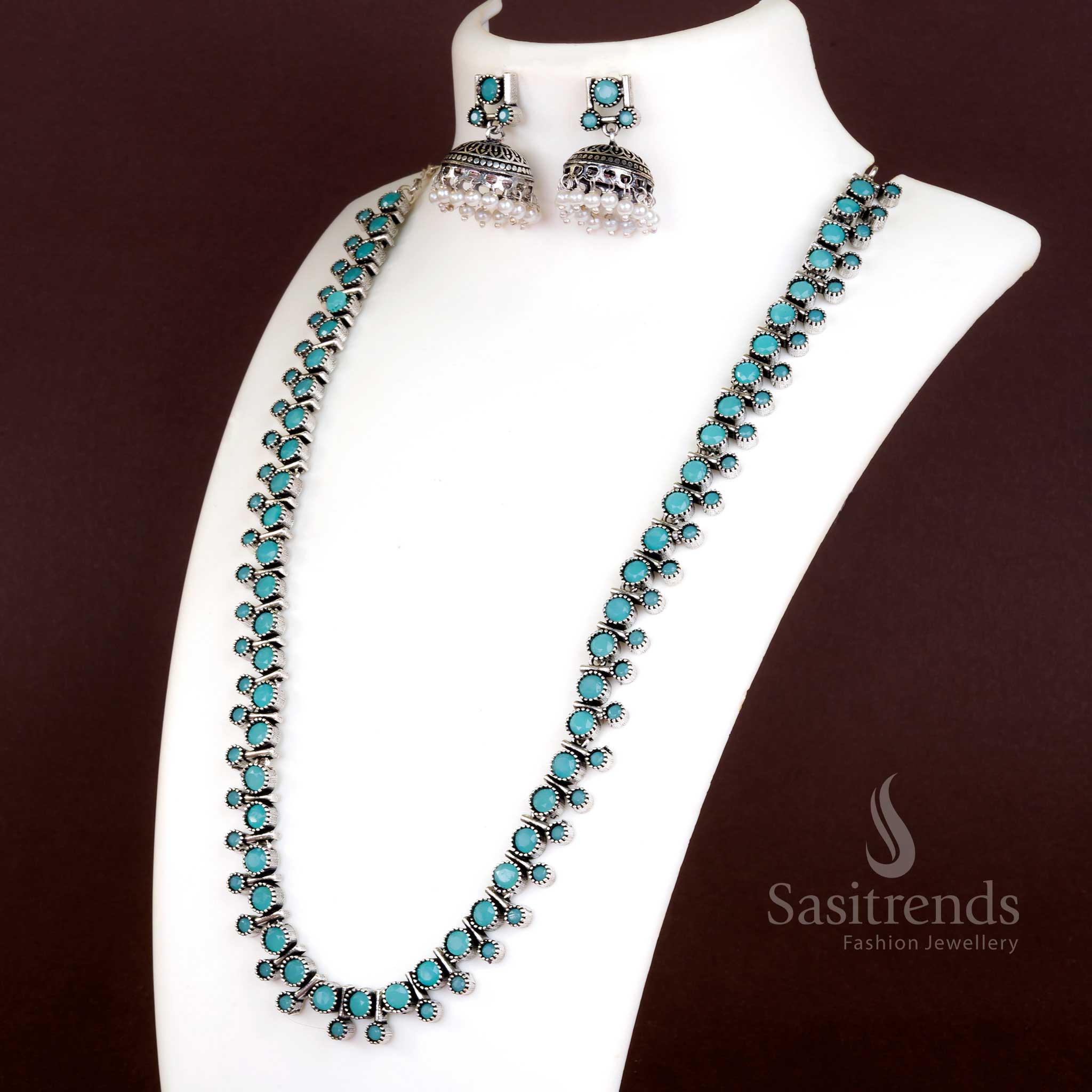 Mint green oxidised necklace jewellery set with stone studs, pearls, and elegant jhumkas – Sasitrends