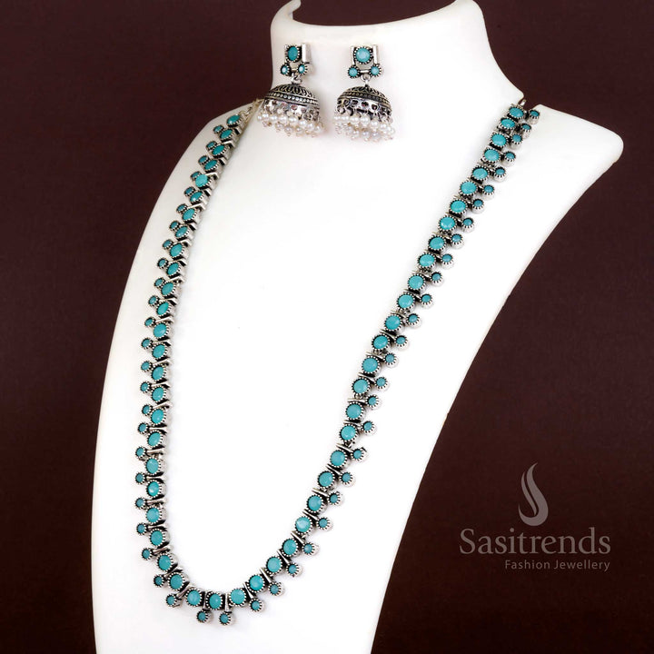 Mint green oxidised necklace jewellery set with stone studs, pearls, and elegant jhumkas – Sasitrends