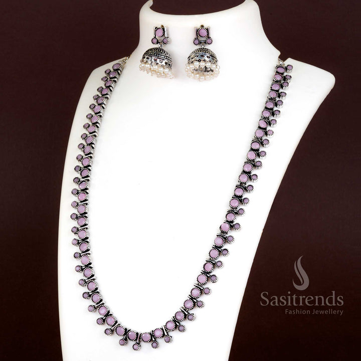 Feminine pink oxidised jewellery with stud necklace, pearl detailing, and jhumkas – Sasitrends

