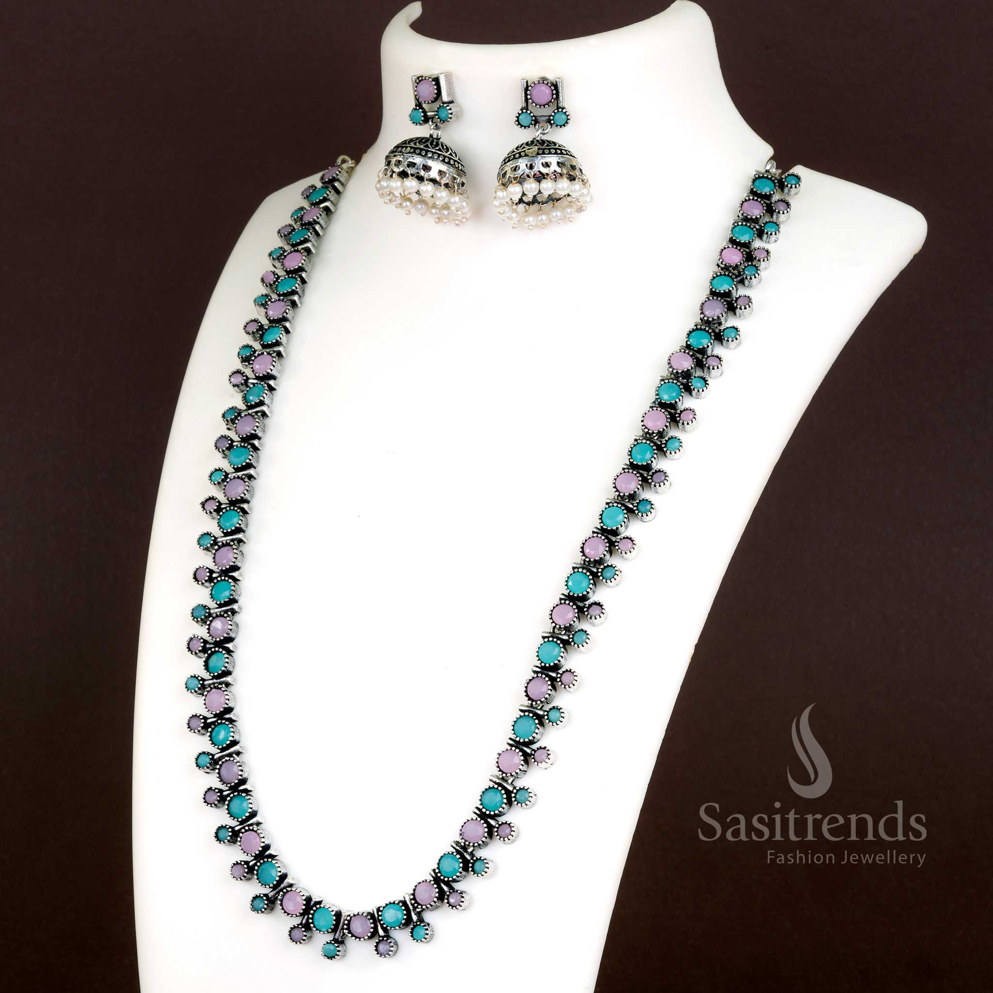Floral pink and mint oxidised necklace set with stone studs, pearls, and jhumkas – Sasitrends