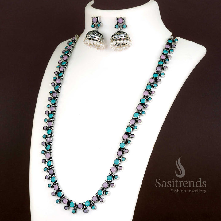 Floral pink and mint oxidised necklace set with stone studs, pearls, and jhumkas – Sasitrends