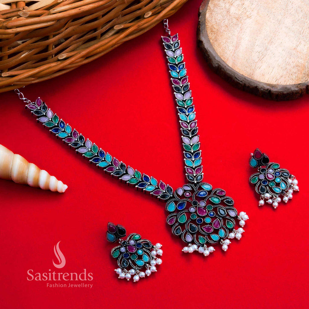 Oxidised necklace in multi-colour floral-leaf stone pendant with pearl earrings – a vibrant festive jewellery set for Navrathri celebration looks – Sasitrends
