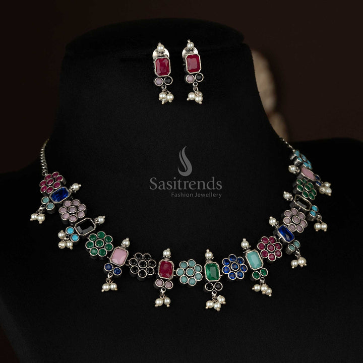 Vivid oxidized floral necklace set with pearl drops in multicolor, a dynamic accessory with vibrant hues to complement any festive look - Sasitrends