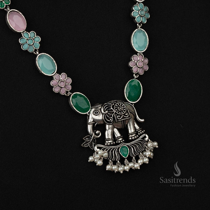 Oxidized necklace set with an elephant pendant and pearl drops in  creating a whimsical and elegant look - Sasitrends