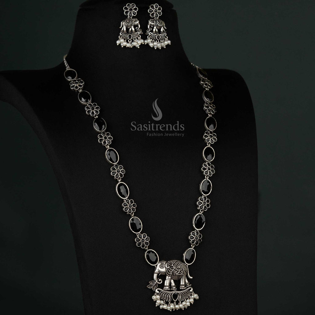 Striking oxidized elephant pendant necklace set with pearl drops in classic black, a bold and versatile accessory for every occasion - Sasitrends
