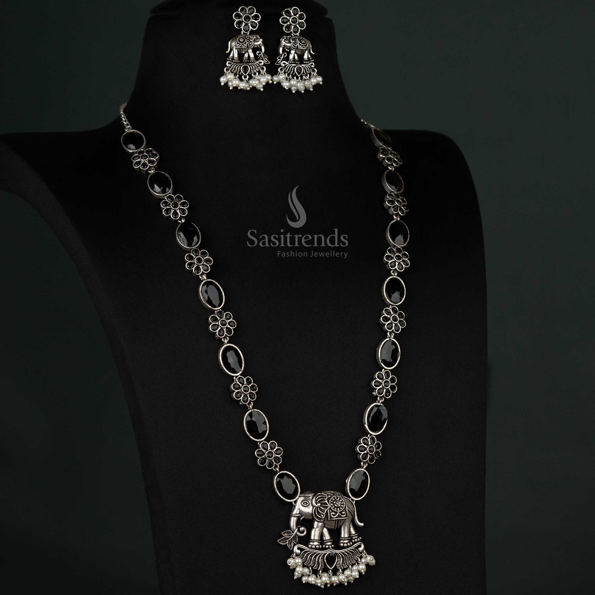 Striking oxidized elephant pendant necklace set with pearl drops in classic black, a bold and versatile accessory for every occasion - Sasitrends