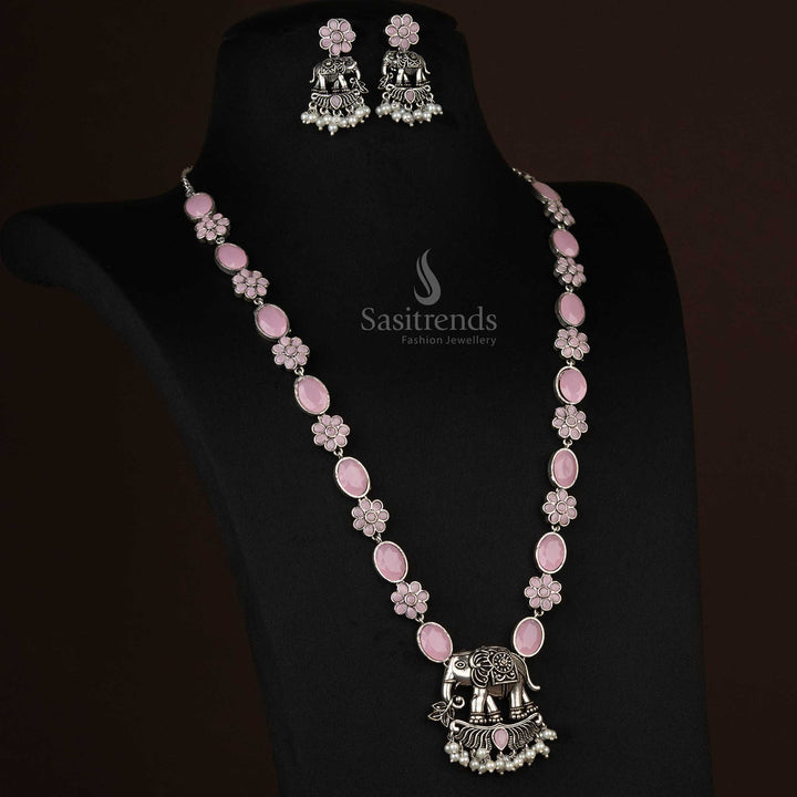Delicate oxidized necklace featuring an elephant pendant and pearl drops in rosy pink, radiating grace and feminine elegance - Sasitrends