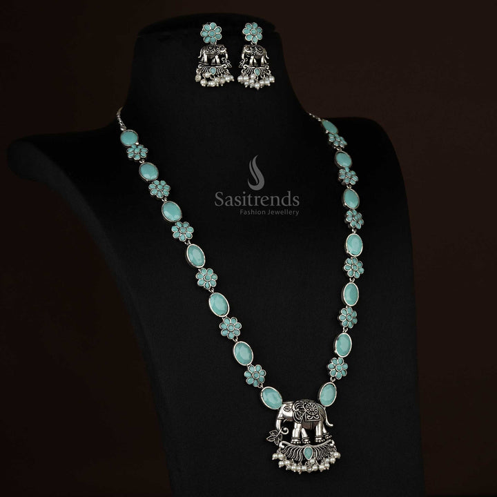 Soft and delicate oxidized elephant pendant necklace with pearl drops in mint green, adding a refreshing touch to any outfit - Sasitrends