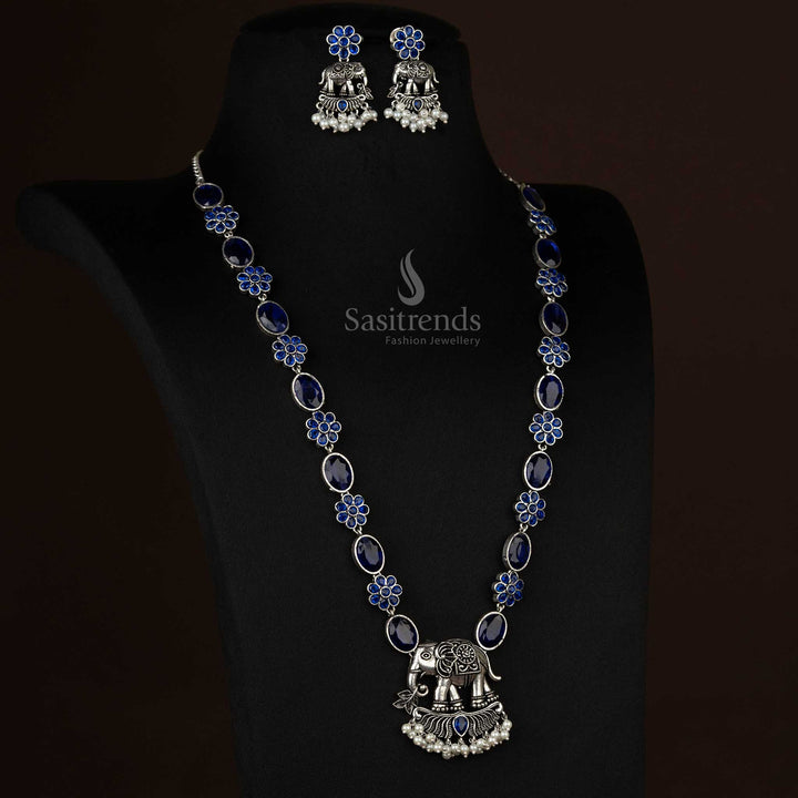 Beautifully oxidized elephant pendant necklace set with pearl drops in vibrant blue, exuding a royal and refined aura - Sasitrends