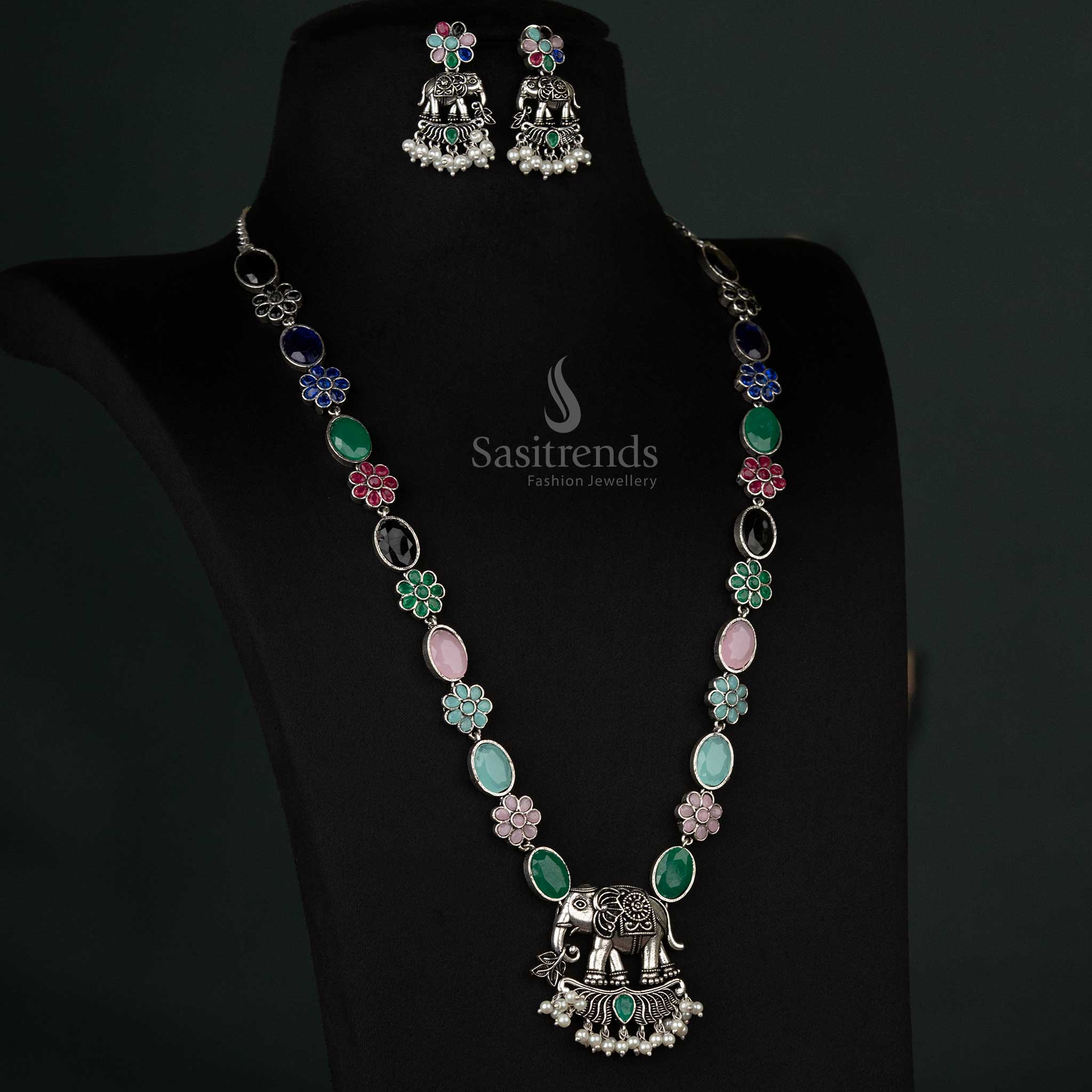Colorful and captivating oxidized elephant pendant necklace with pearl drops in multicolor, a festive and eye-catching accessory - Sasitrends