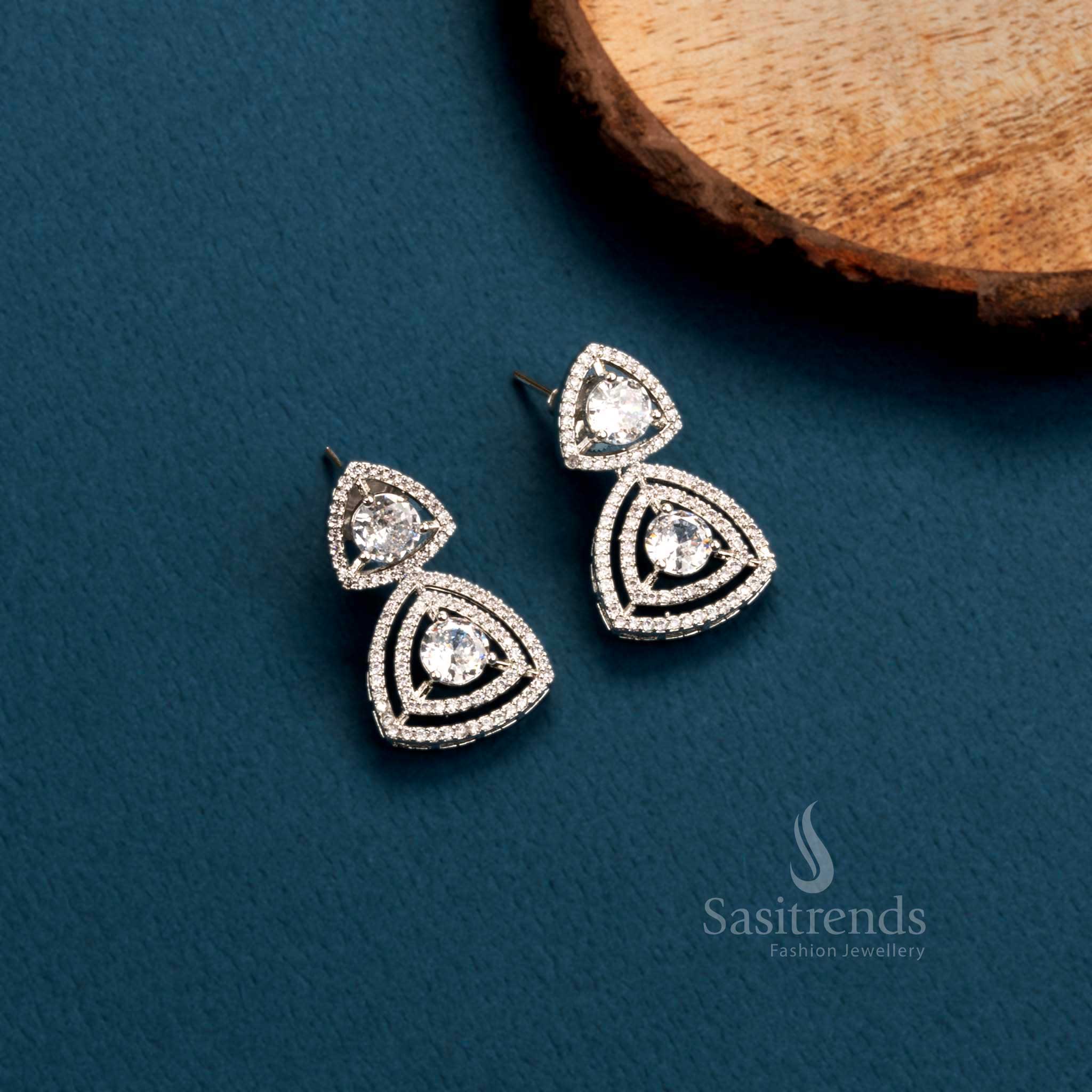 Crystal Vertex Elegance rhodium silver plated triangle earrings with shimmering white American Diamonds – radiant party jewellery – Sasitrends
