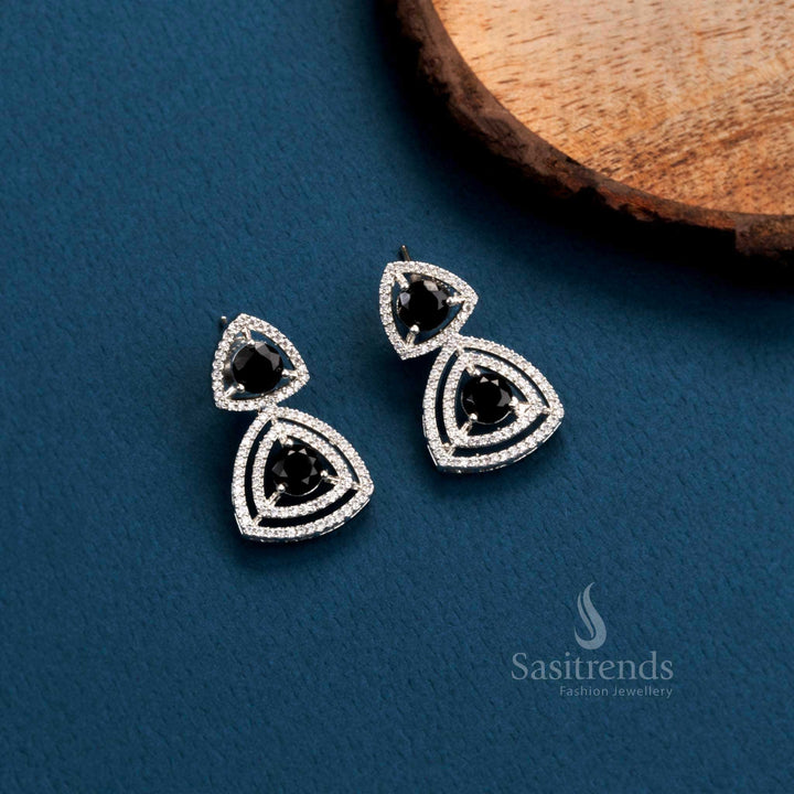 Noir Edge Drama rhodium silver triangle earrings with black AD stones – stylish bold party jewellery – Sasitrends