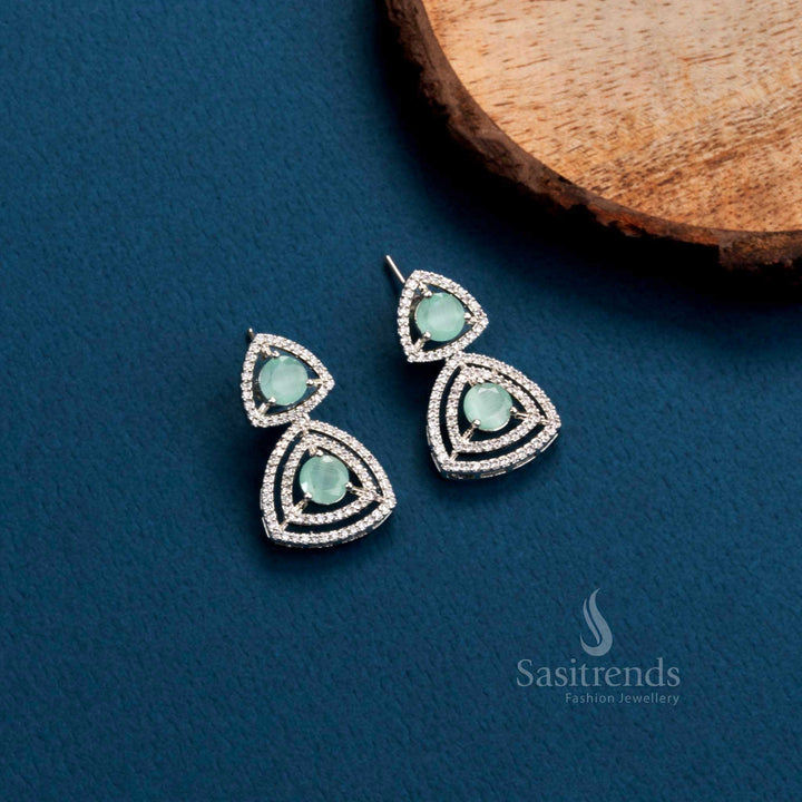 Mint Mirage V-Tone rhodium triangle earrings with mint green American Diamonds – party fusion jewellery with a cool twist – Sasitrends