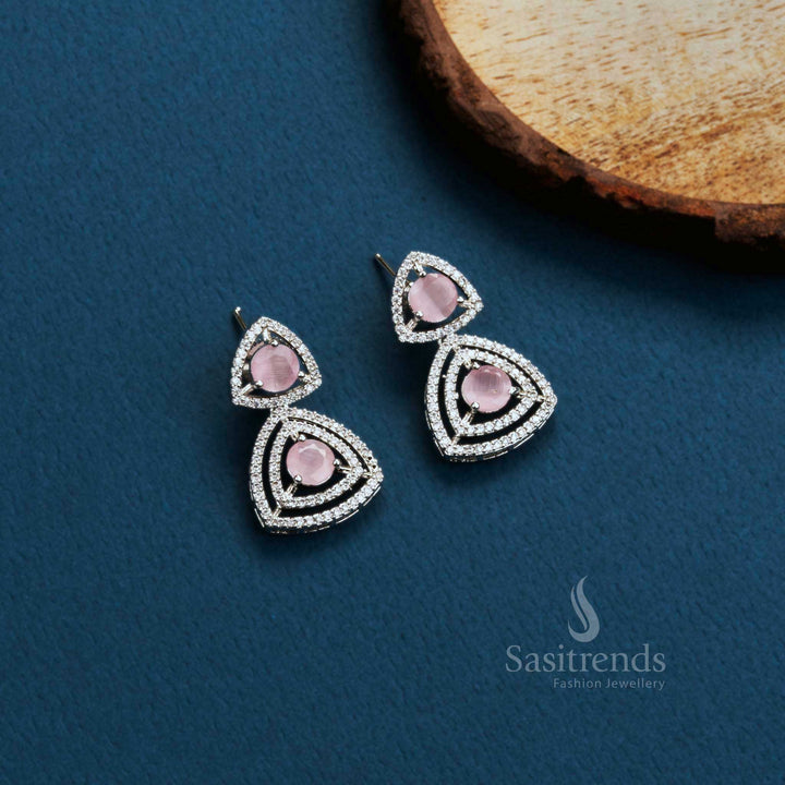 Blush Spark Vibe triangle cut earrings in pink American Diamonds and rhodium finish – chic party accessory – Sasitrends