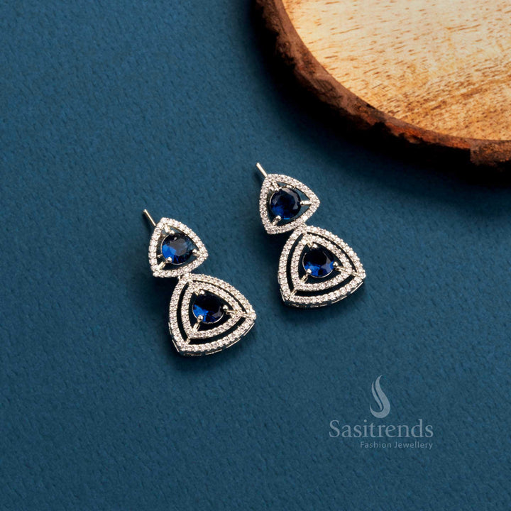 Midnight Frost TriCharm rhodium silver triangle earrings with deep blue American Diamonds – evening elegance jewellery – Sasitrends