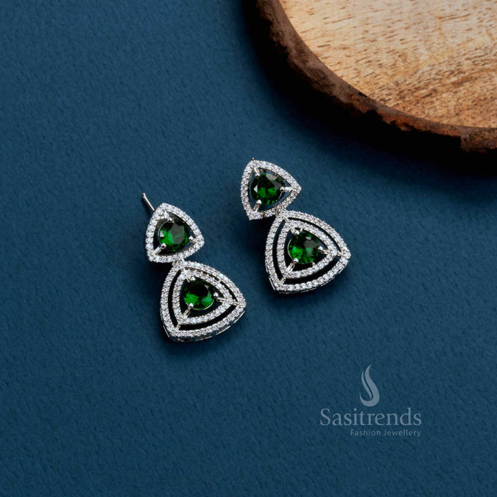 Stunning Party Wear Rhodium Silver Plated Earrings with Triangle Design and American Diamonds | Sasitrends