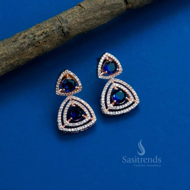 Stunning Party Wear Rhodium Silver & Rose Gold Plated Earrings with Triangle Design and American Diamonds - Sasitrends - Sasitrends