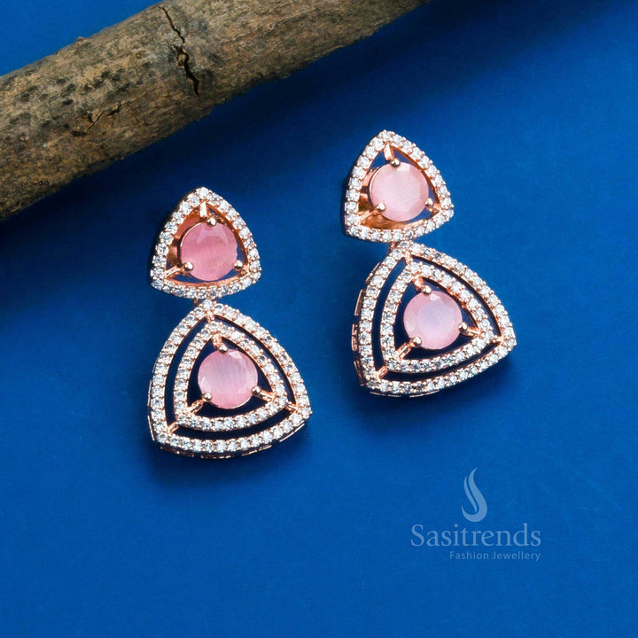 Stunning Party Wear Rhodium Silver & Rose Gold Plated Earrings with Triangle Design and American Diamonds - Sasitrends - Sasitrends