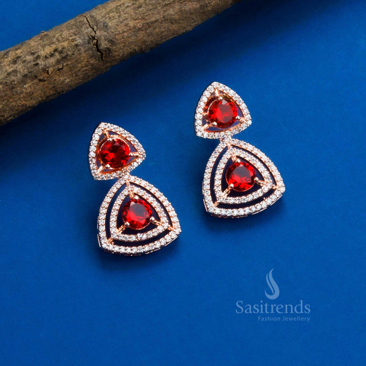 Stunning Party Wear Rhodium Silver & Rose Gold Plated Earrings with Triangle Design and American Diamonds - Sasitrends - Sasitrends