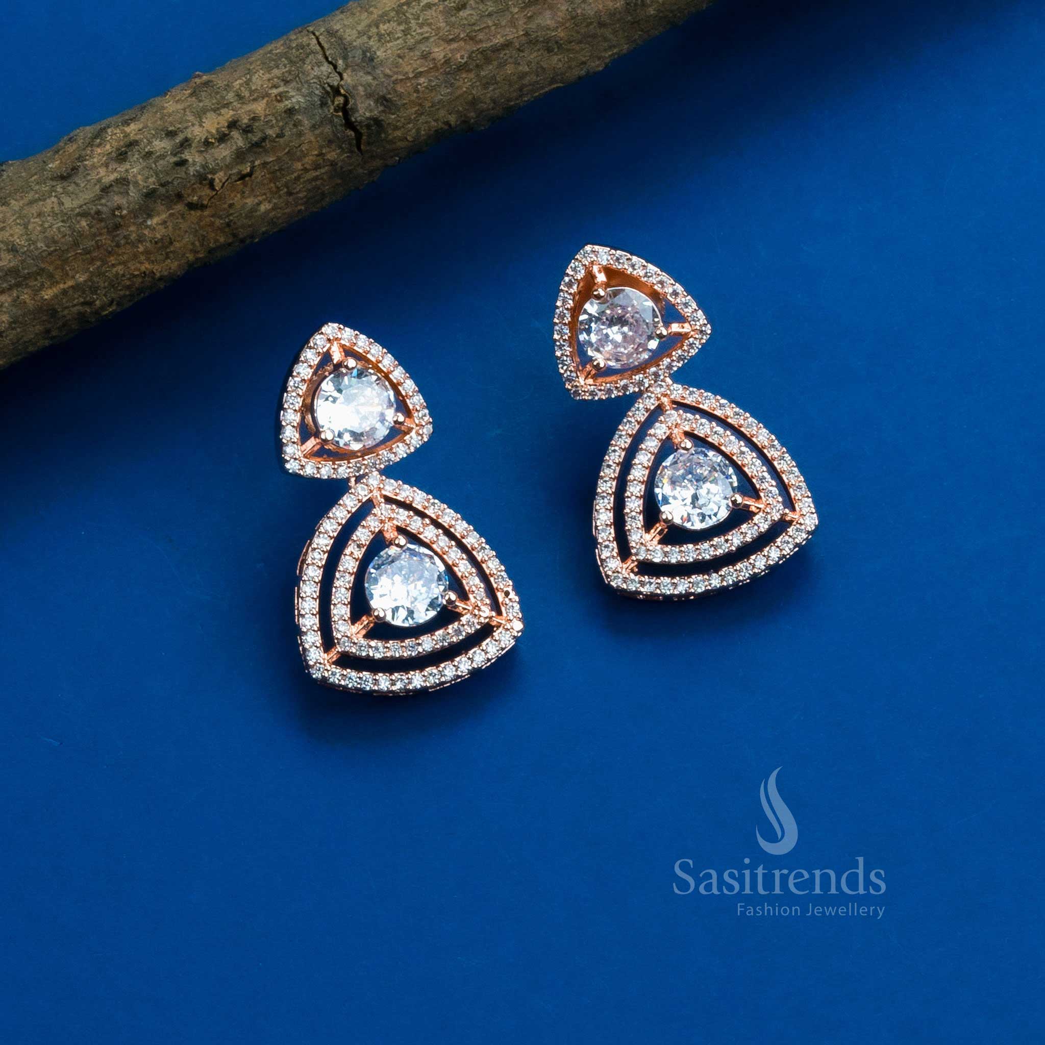 Icy Halo Spark rose gold plated triangle earrings with brilliant white American Diamonds – elegant icy partywear jewellery – Sasitrends