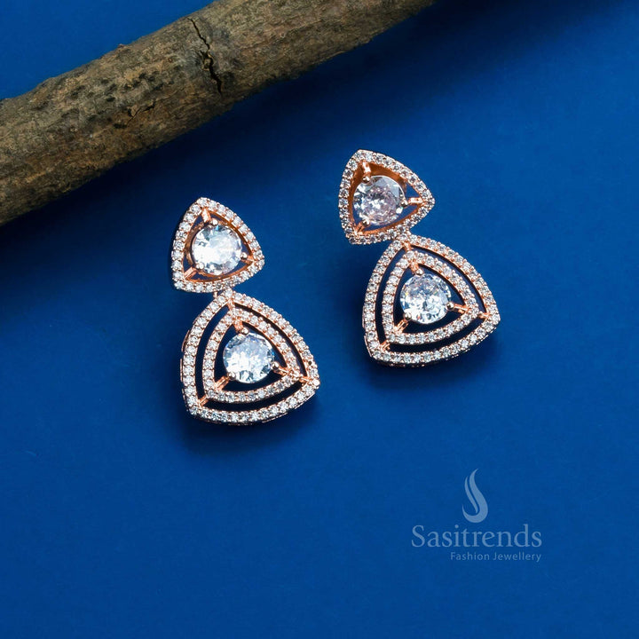 Stunning Party Wear Rhodium Silver & Rose Gold Plated Earrings with Triangle Design and American Diamonds - Sasitrends - Sasitrends