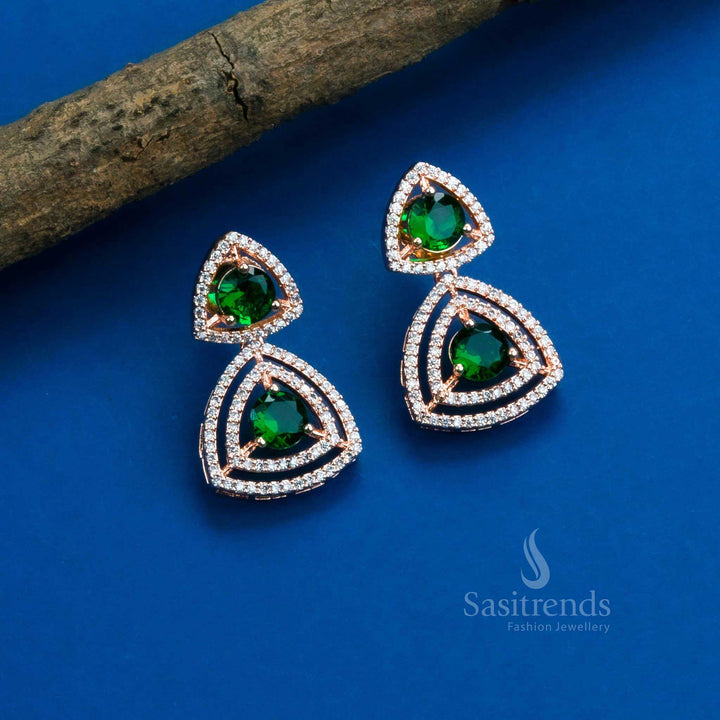 Stunning Party Wear Rhodium Silver & Rose Gold Plated Earrings with Triangle Design and American Diamonds - Sasitrends - Sasitrends