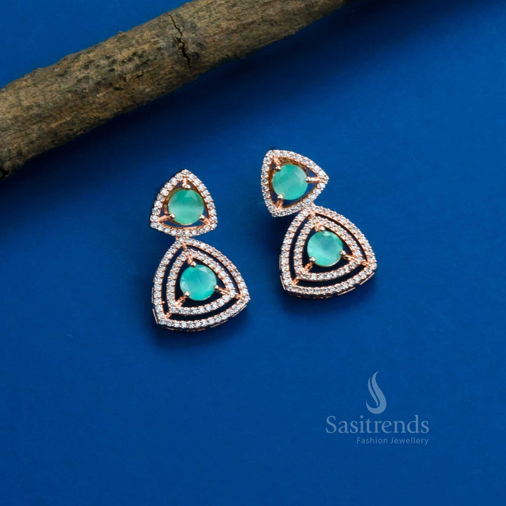 Stunning Party Wear Rhodium Silver & Rose Gold Plated Earrings with Triangle Design and American Diamonds - Sasitrends - Sasitrends