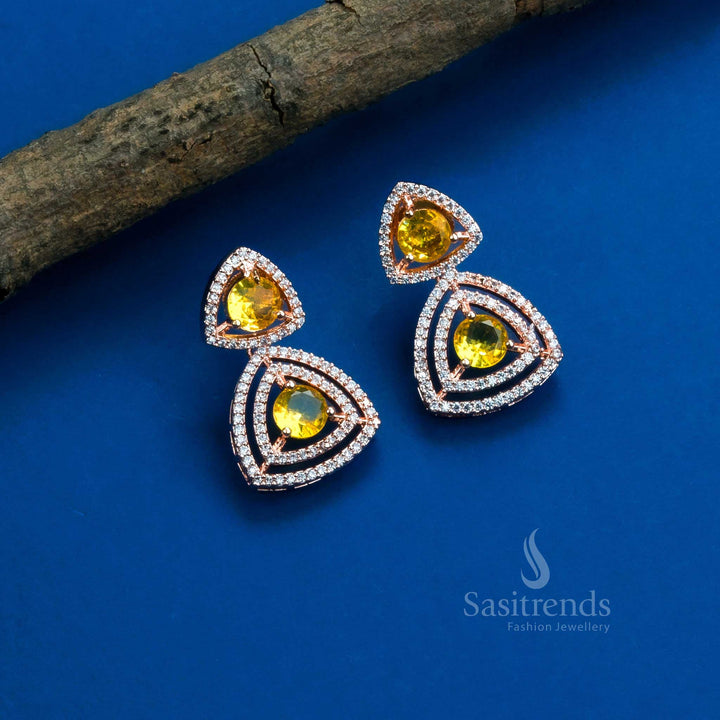Stunning Party Wear Rhodium Silver & Rose Gold Plated Earrings with Triangle Design and American Diamonds - Sasitrends - Sasitrends
