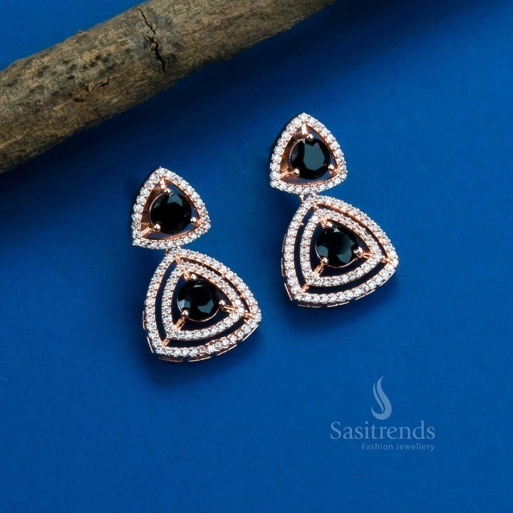 Noir Triangle Chic triangle earrings in black American Diamonds and rose gold – modern partywear glamour jewellery – Sasitrends