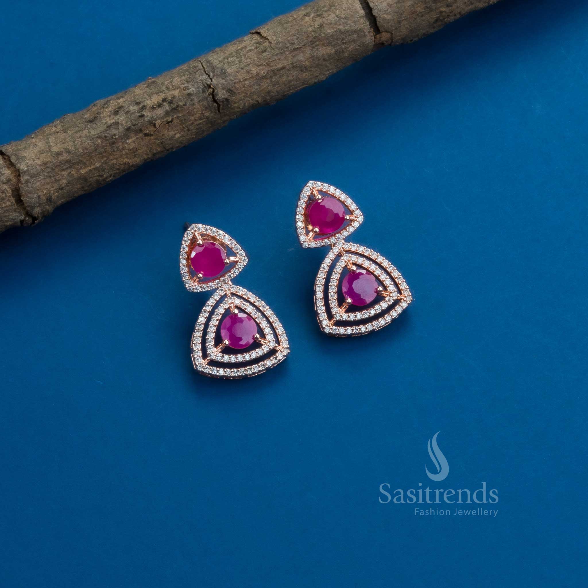 Stunning Party Wear Rhodium Silver & Rose Gold Plated Earrings with Triangle Design and American Diamonds - Sasitrends - Sasitrends
