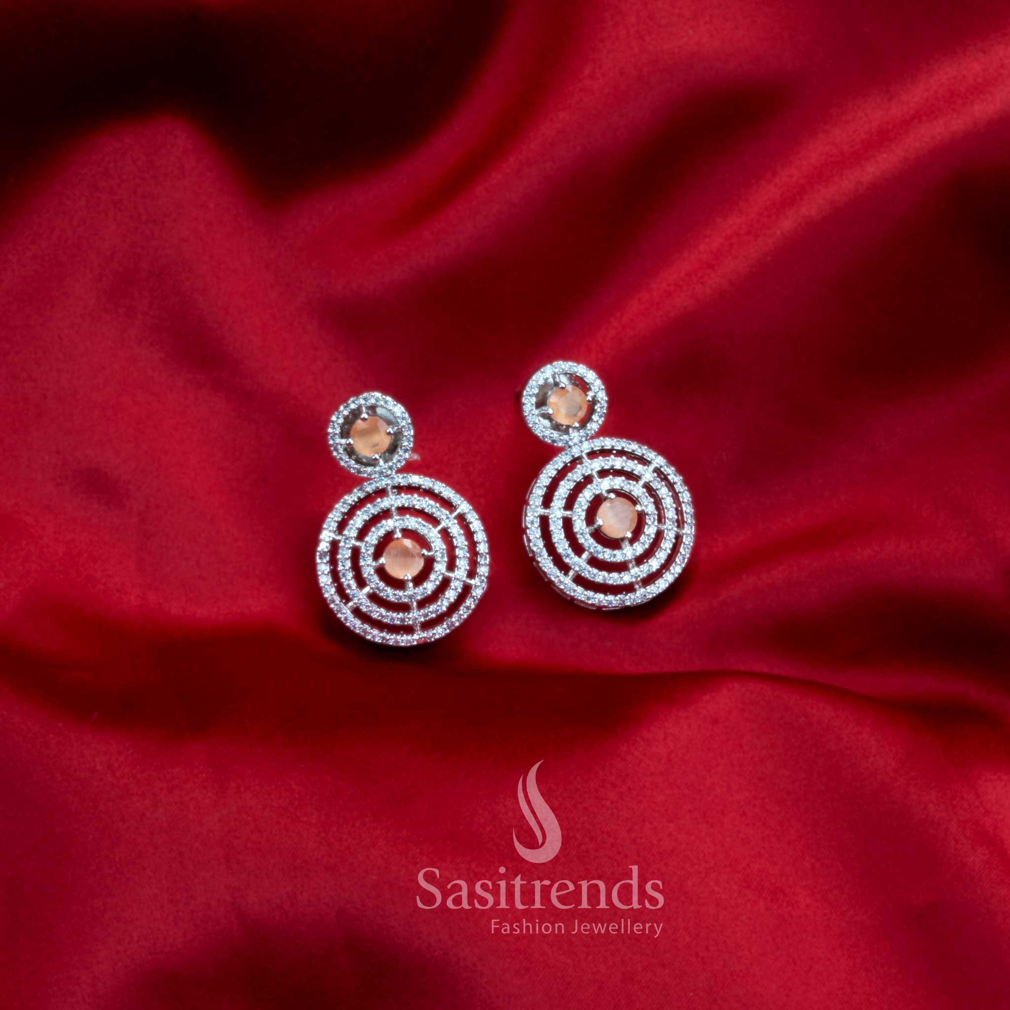 Gorgeous Party Wear Rhodium Silver Plated Earrings with Stunning Circle Pattern and American Diamond Stones