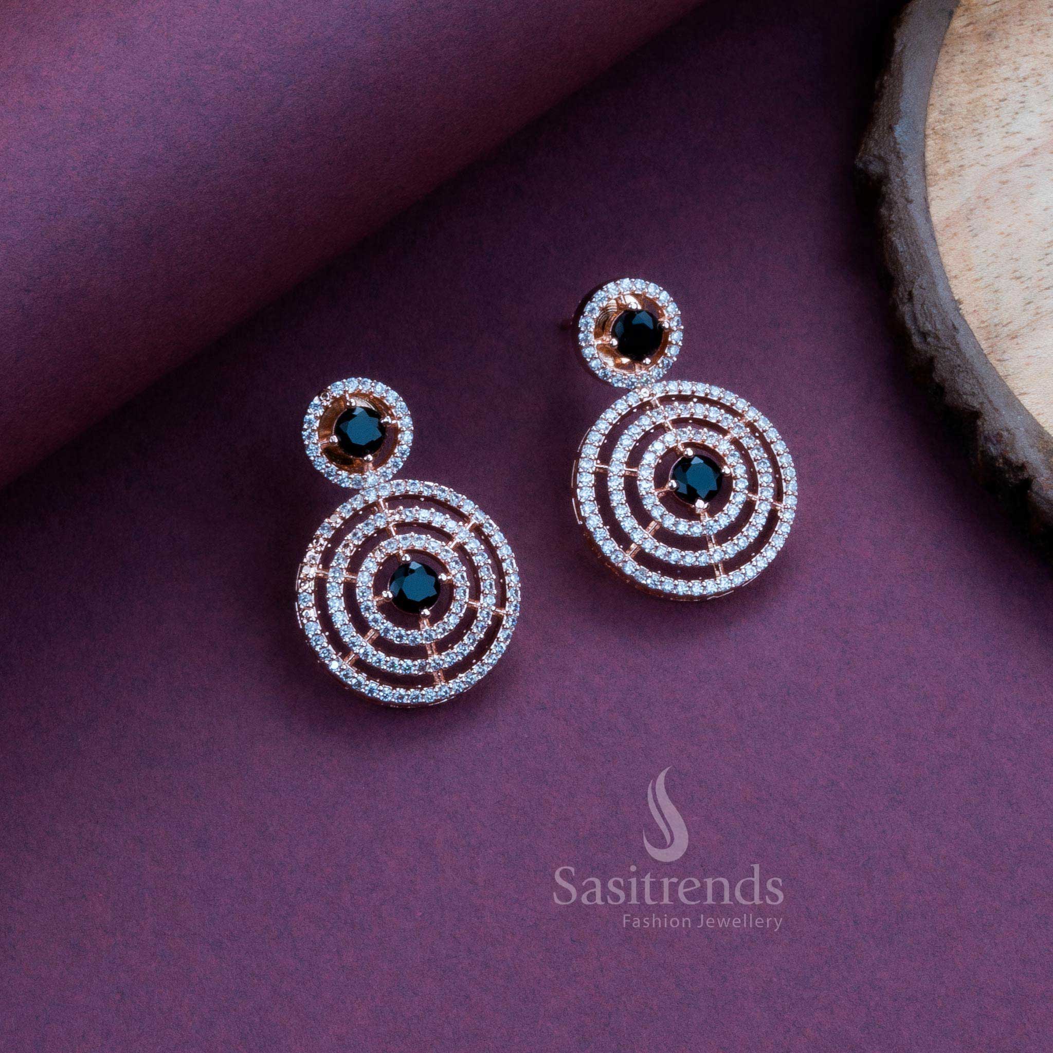 Bold black AD stone circle earrings in rose gold, an edgy party wear and glam jewellery accessory – Sasitrends