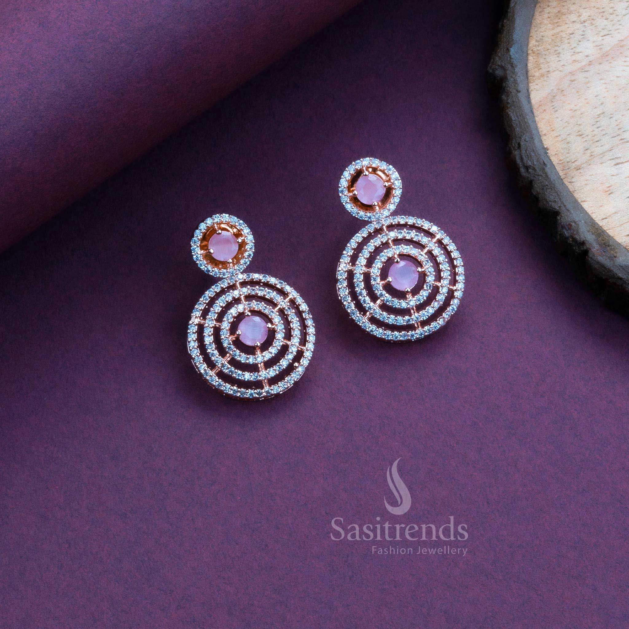 Chic pink circle earrings in rose gold, a designer jewellery choice for ethnic occasions and celebration wear – Sasitrends

