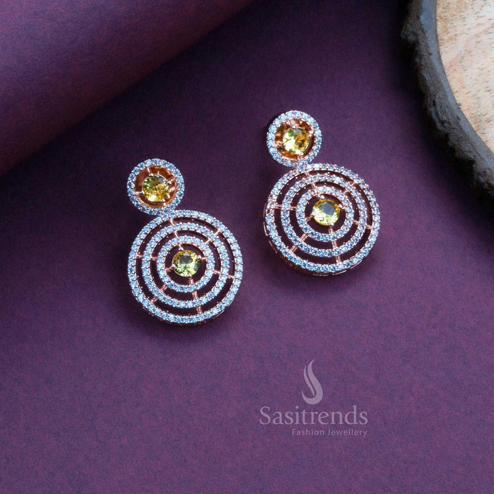 Vibrant LCD yellow circle earrings in rose gold plating with American diamonds, perfect for fancy party jewellery looks – Sasitrends