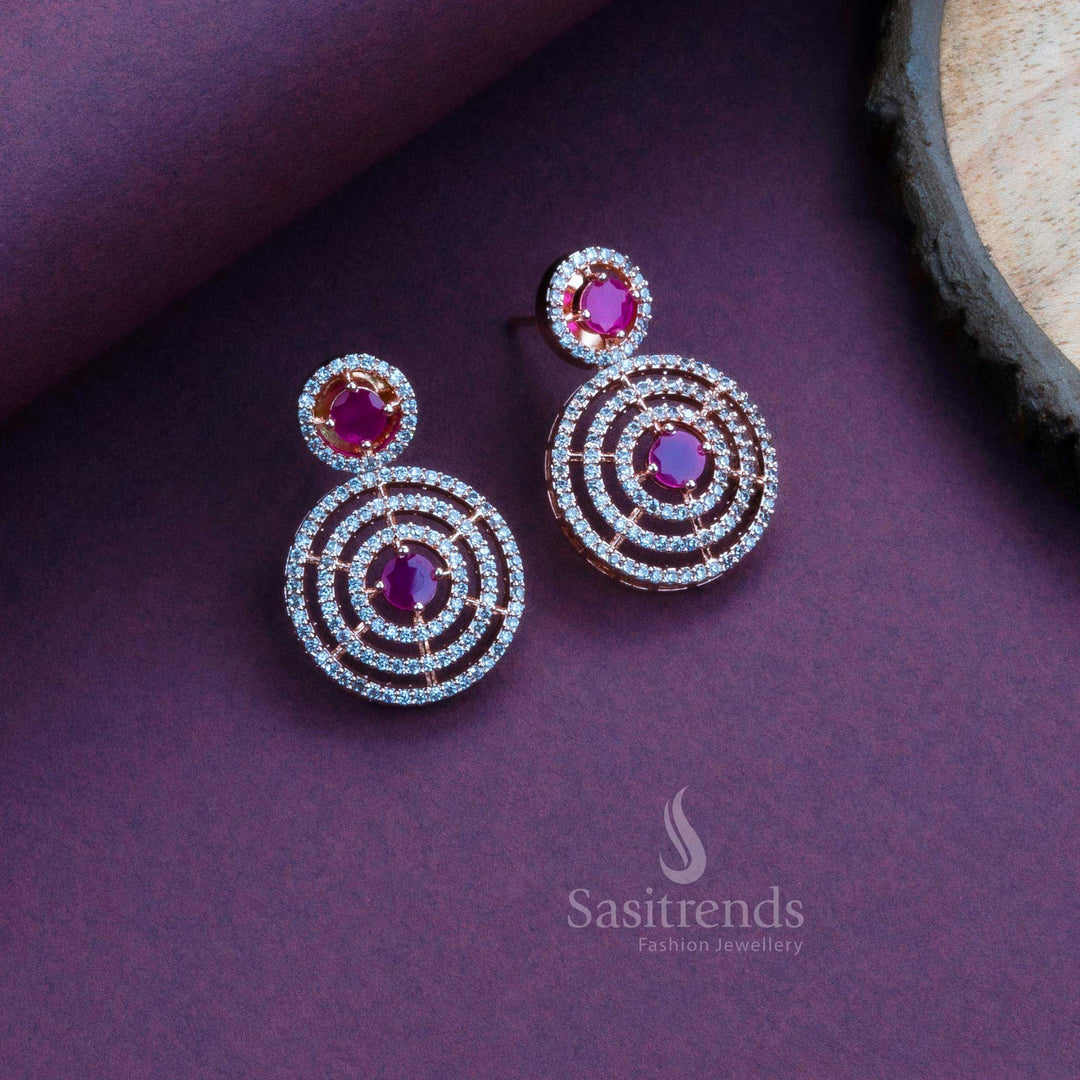 Bold ruby circle AD earrings in rose gold finish, created for party wear and ethnic glam jewellery vibes – Sasitrends