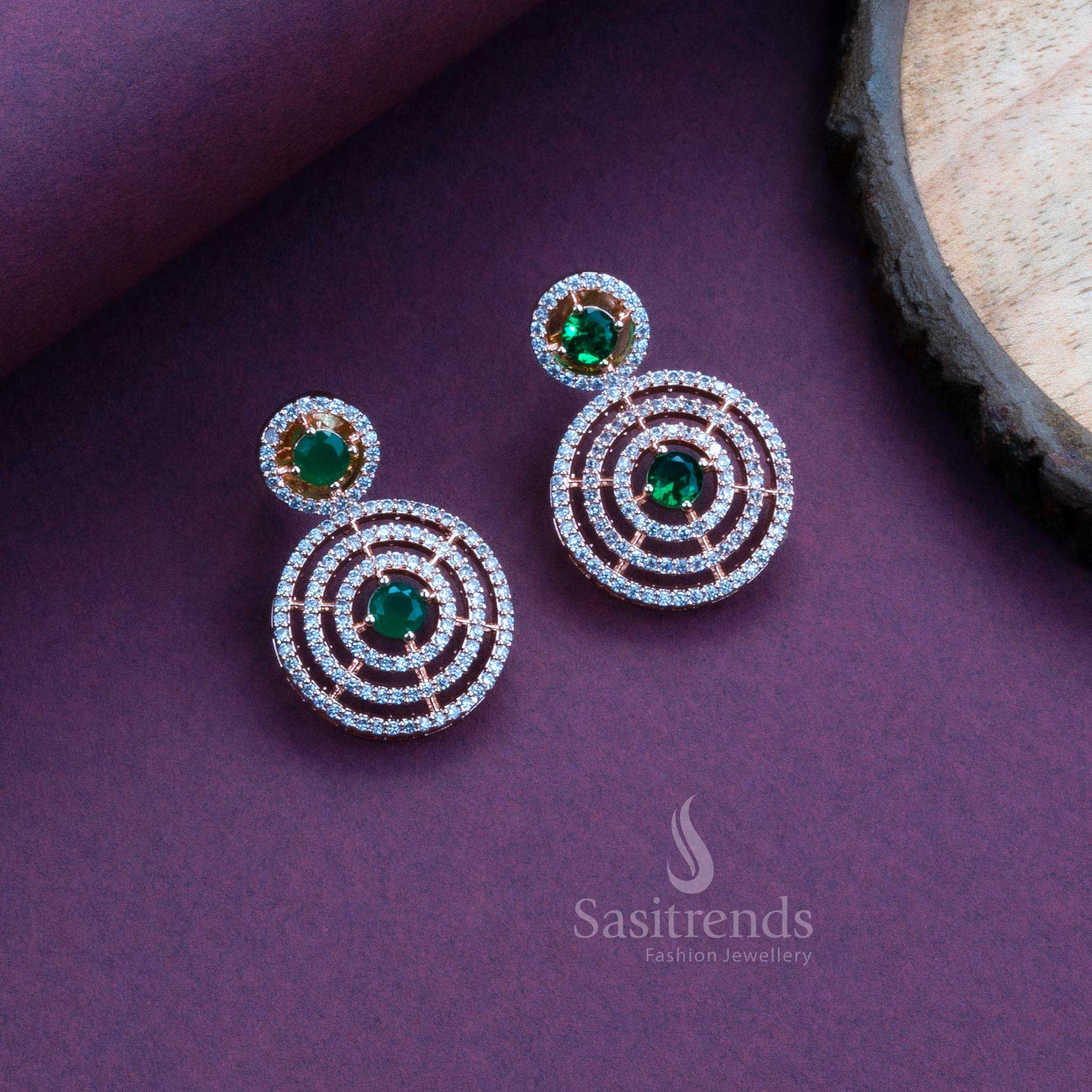 Radiant green circle earrings with rose gold finish and American diamonds, perfect for ethnic party jewellery looks – Sasitrends