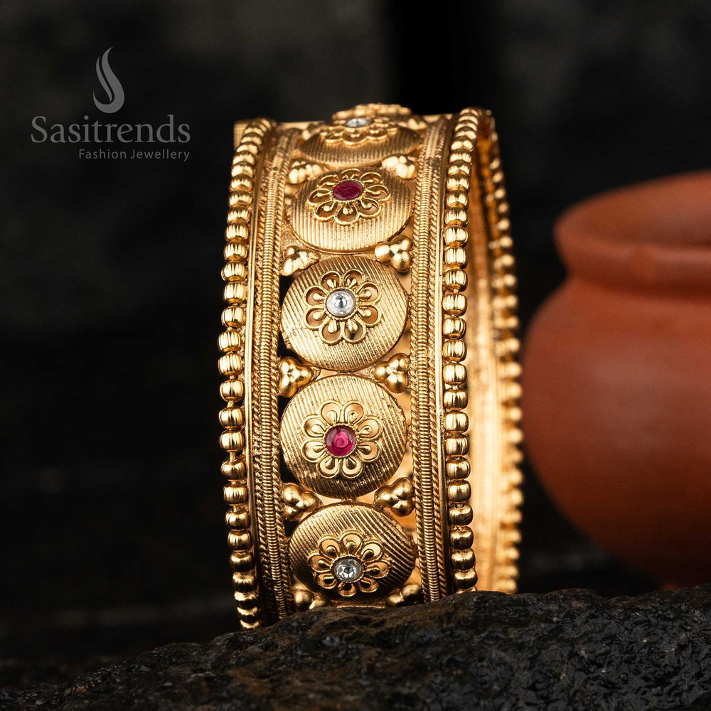 Floral Ruby Temple Gold Kada Bangle Openable Screw Bridal Wear Sasitrends Online