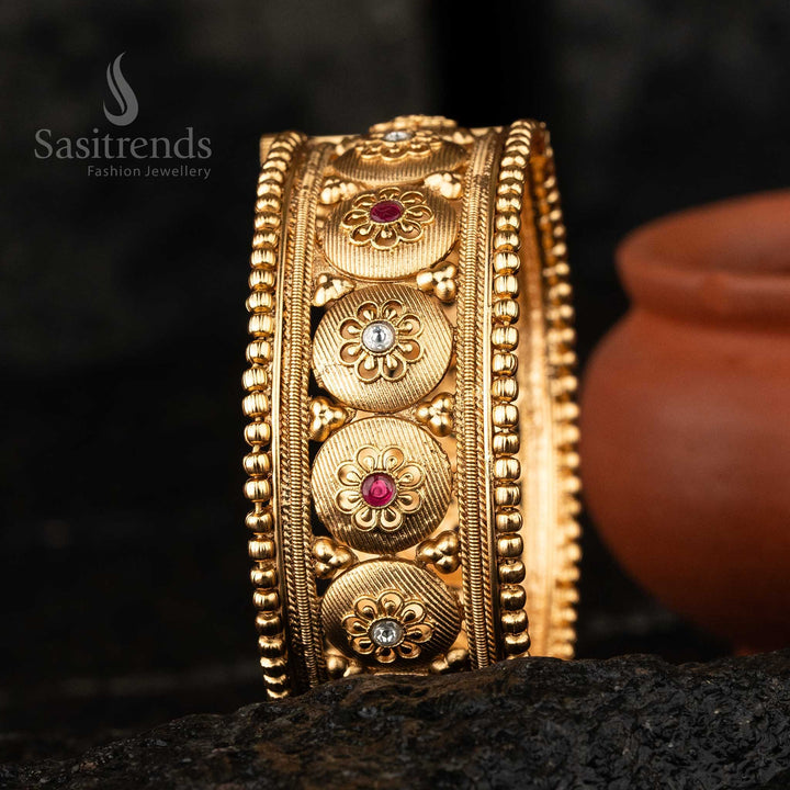 Floral Ruby Temple Gold Kada Bangle Openable Screw Bridal Wear Sasitrends Online