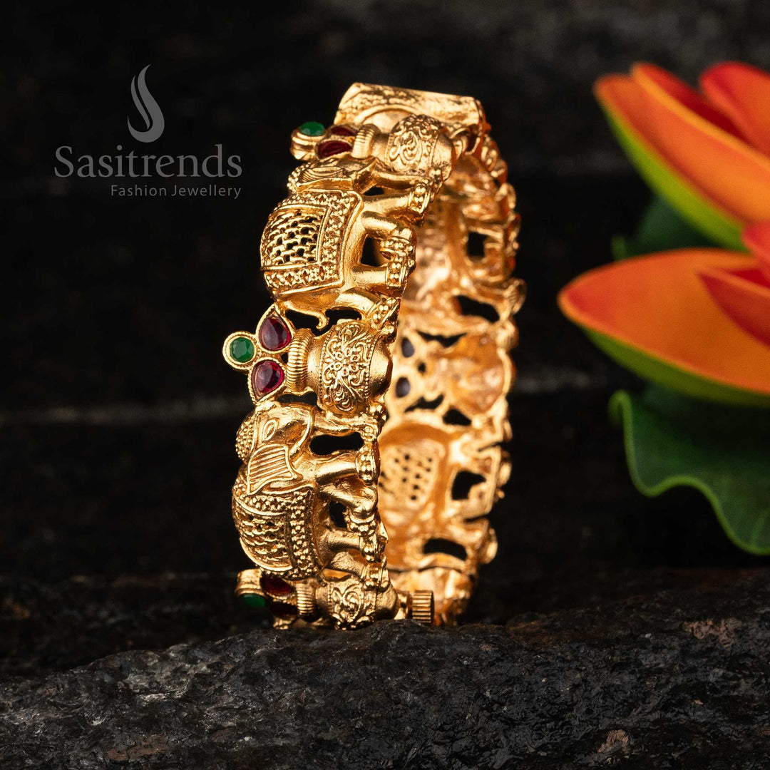 Bridal Matte Gold Plated Ruby Green Elephant Motif Openable Kada Bangle Sasitrends Online