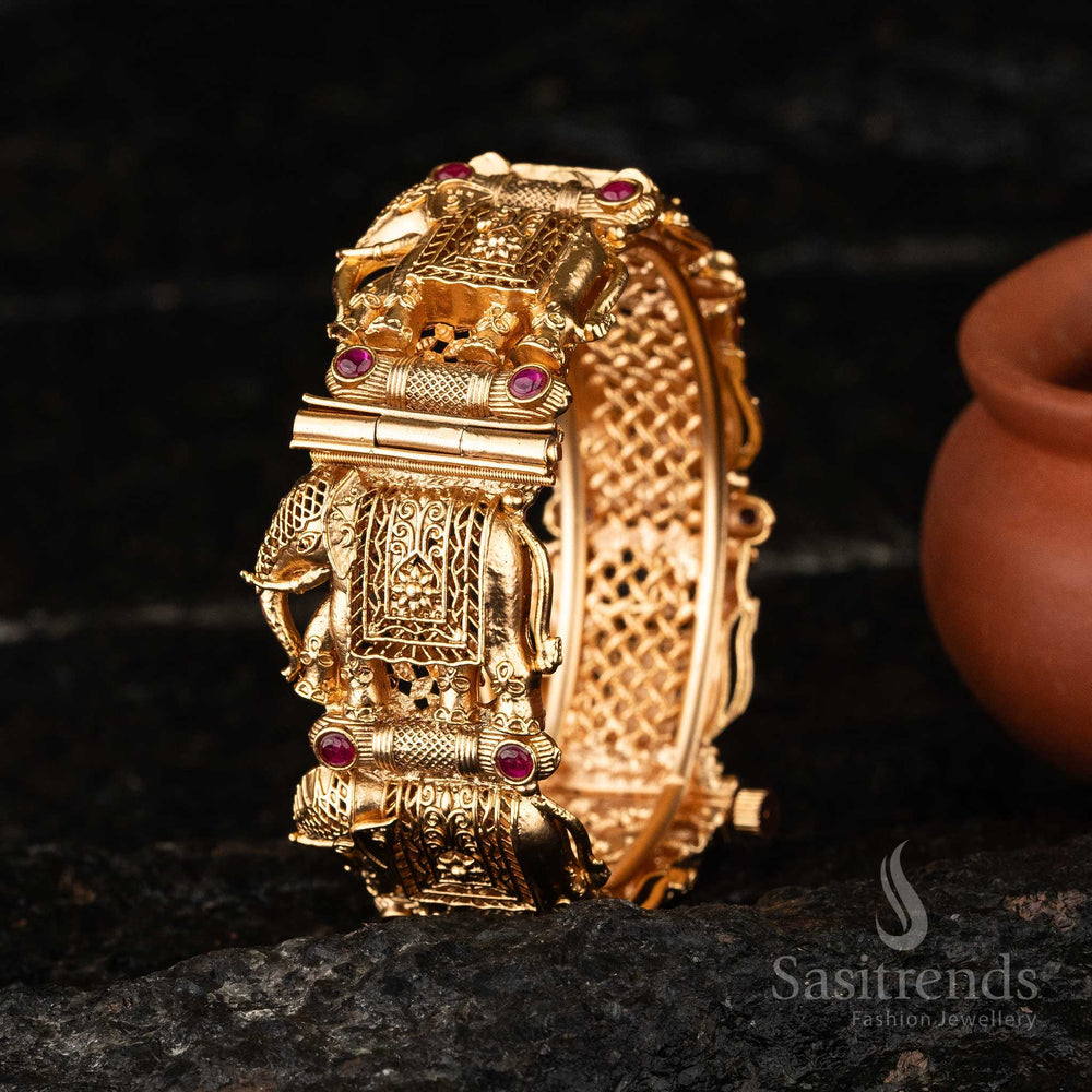 Bridal Traditional Elephant Motif Temple Gold Tone Kada Bangle Sasitrends Online
