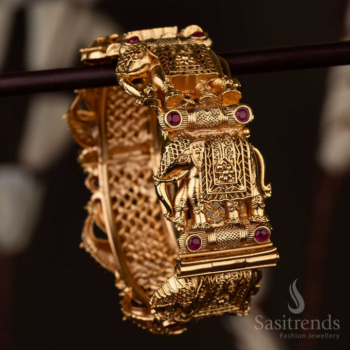 Stunning Bridal Openable Antique Gold Plated Temple Kada Bangles with Elephant Motifs and Ruby Synthetic Stones